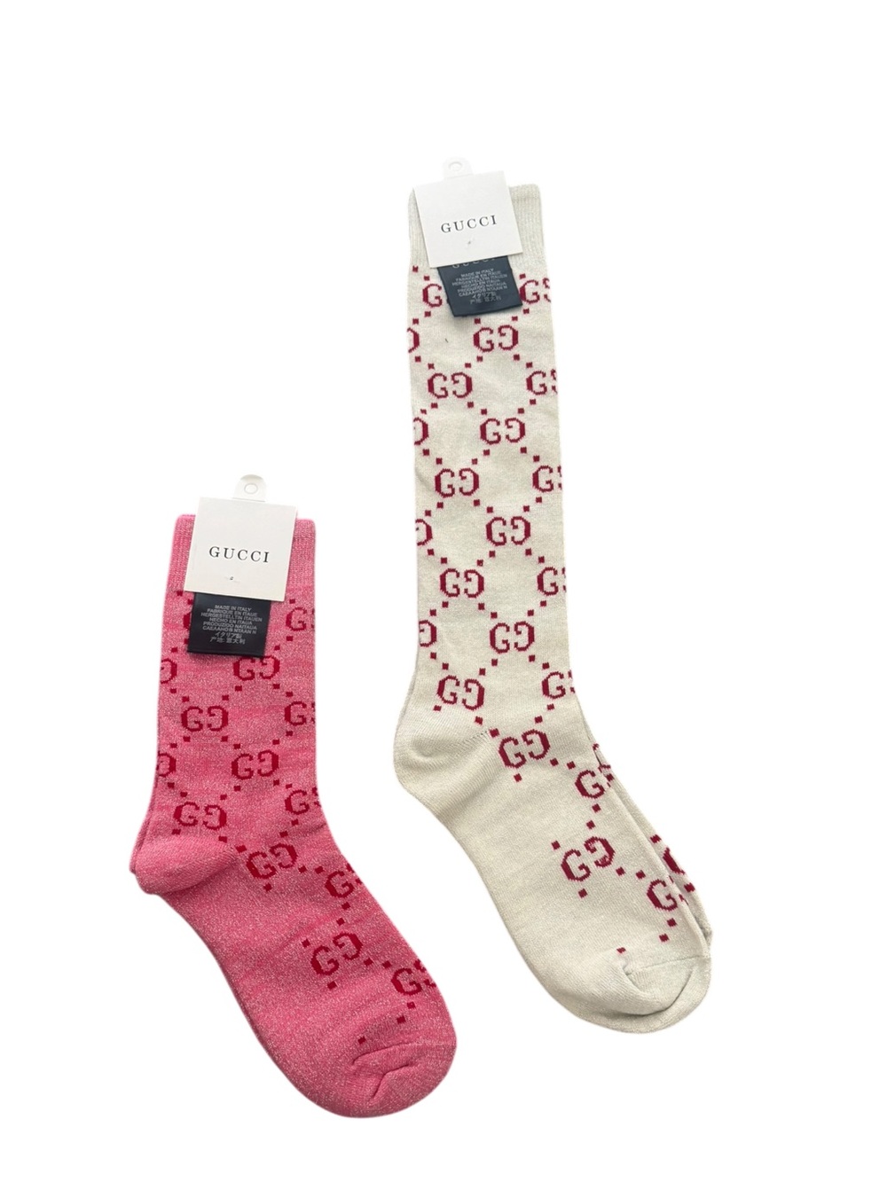 2 Pair Gucci Outlet GG Monogram Socks. 1 Knee High & 1 Crew— Pink & Gray